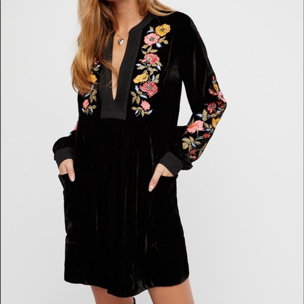 Free People black velvet embroidered mini dress